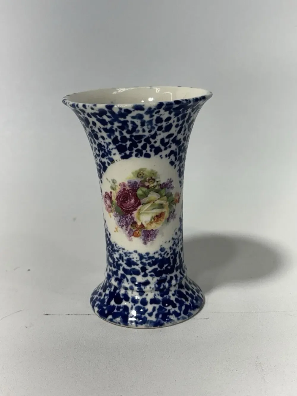 Antique Meco Czecho Slovakia Blue Spongeware Floral Art Pottery Vase 6
